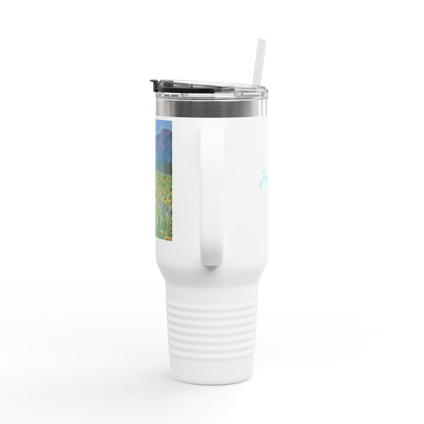 Yellow Daisies & Mountains 40oz Insulated Travel Mug with Handle | Nature Inspired Stainless Steel Drinkware | Enjoy Nature Collection