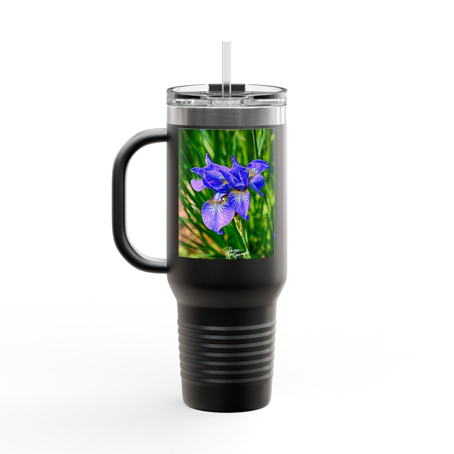 Blue Iris Floral Insulated Travel Mug – 40oz Stainless Steel Nature-Inspired Drinkware