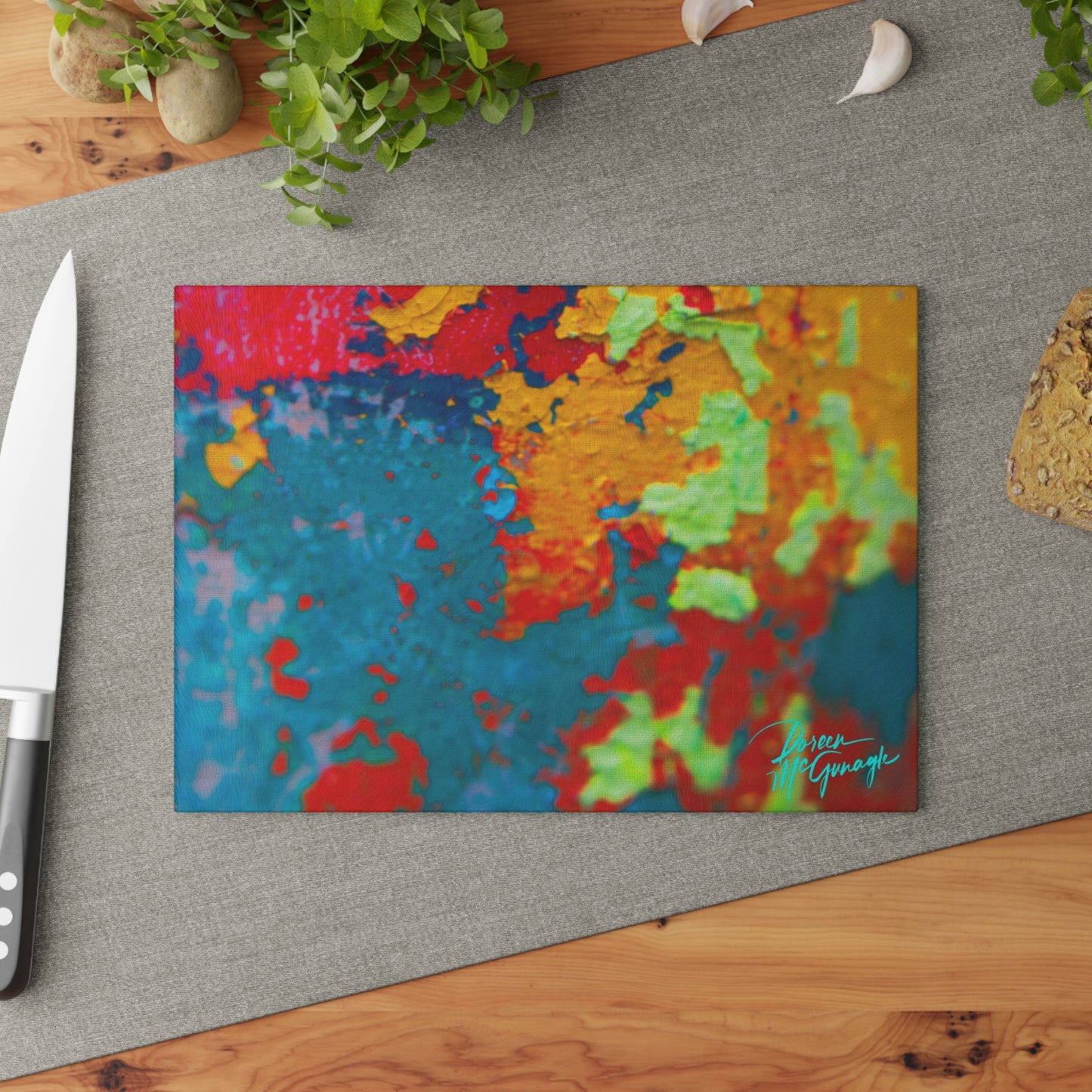 Artistic Life and Soul Abstract Glass Cutting Board with Nature-Inspired Design