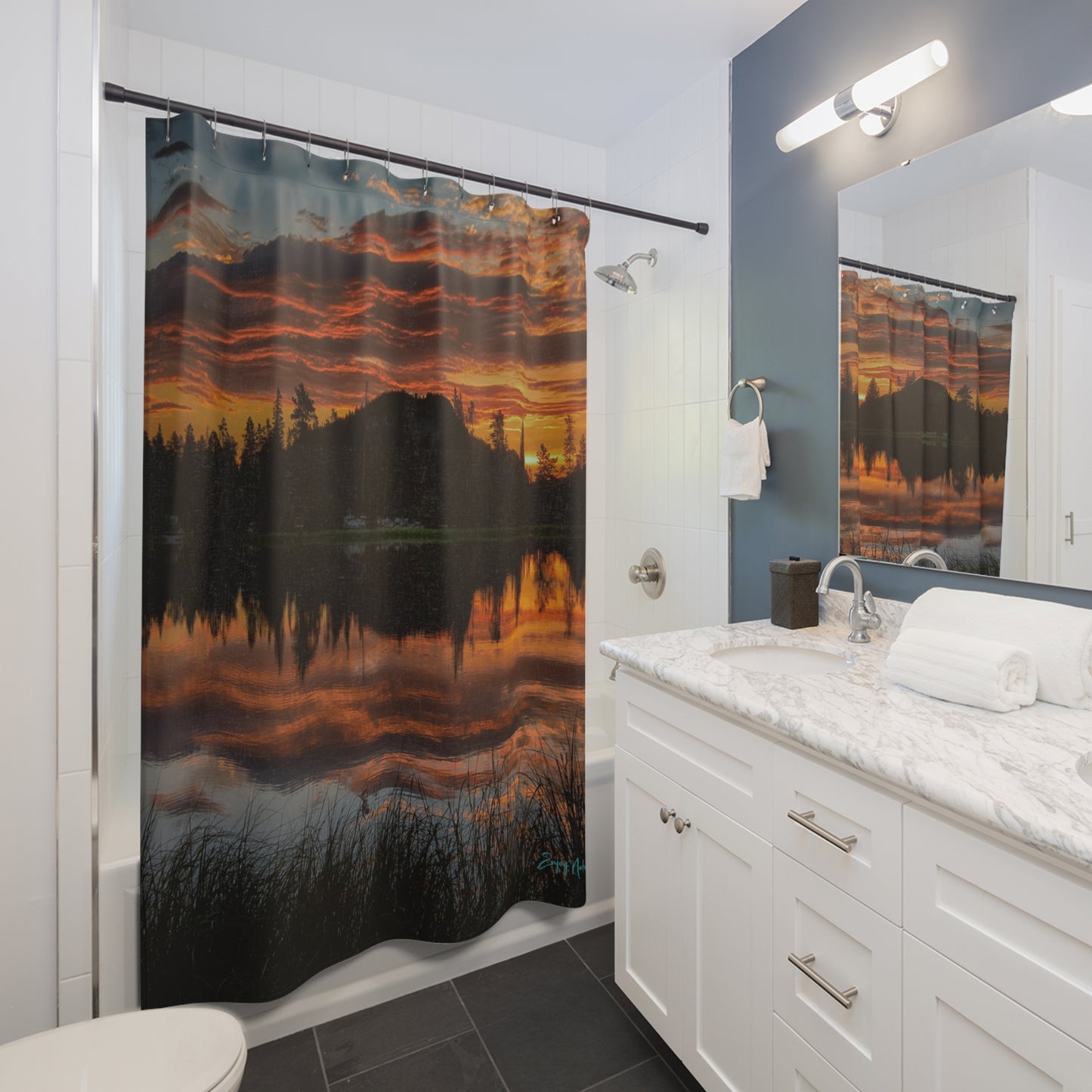Sunset Reflection Shower Curtain | Nature Inspired Earthy Bathroom Décor | Enjoy Nature Collection