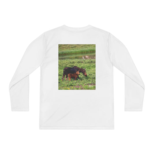 Moose with Baby Youth Long Sleeve Competitor Tee | Nature Inspired Activewear for Kids | Enjoy Nature Collectio