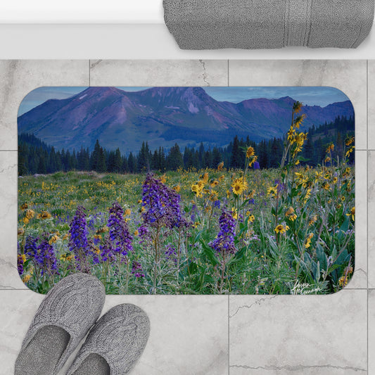 Nature-Inspired Bath Mat with Mountains & Lupine Flowers, Perfect for Home Decor, Bathroom Accessory, Gift Idea, Eco-Friendly Decor, Vibrant Mat Mountains & purple flowers