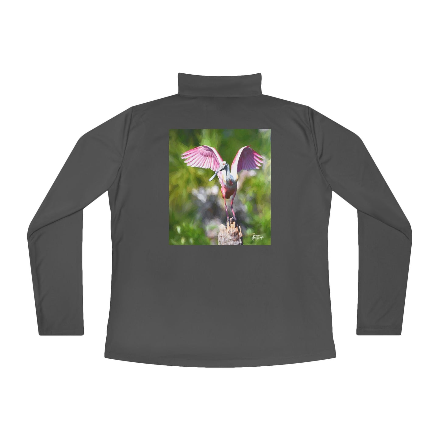 Ladies Quarter-Zip Pullover – Roseate Spoonbill with Open Wings | Lightweight Outdoor Layer | Enjoy Nature Collection