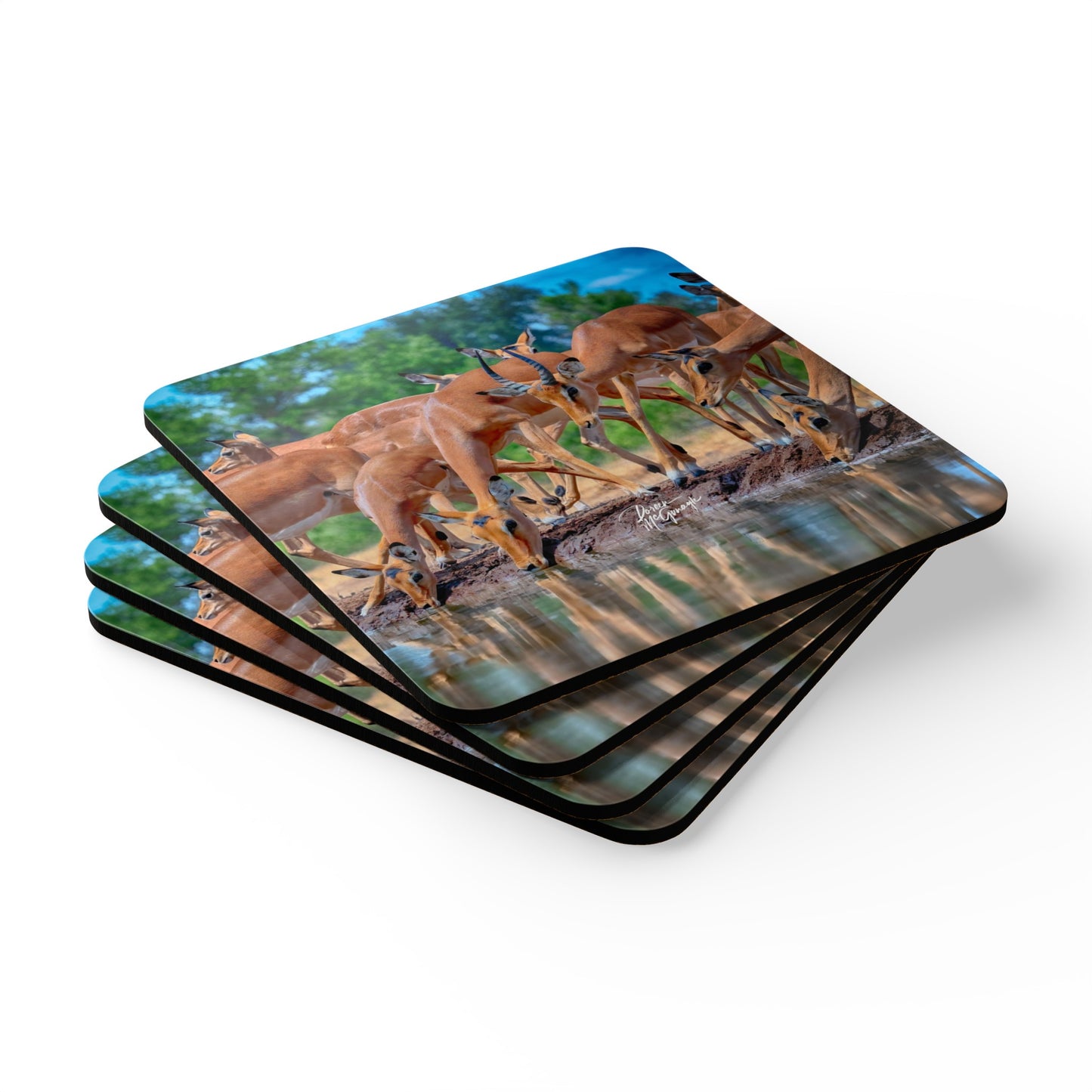 Impalas at Water Hole Corkwood Coaster Set (Box of 4)