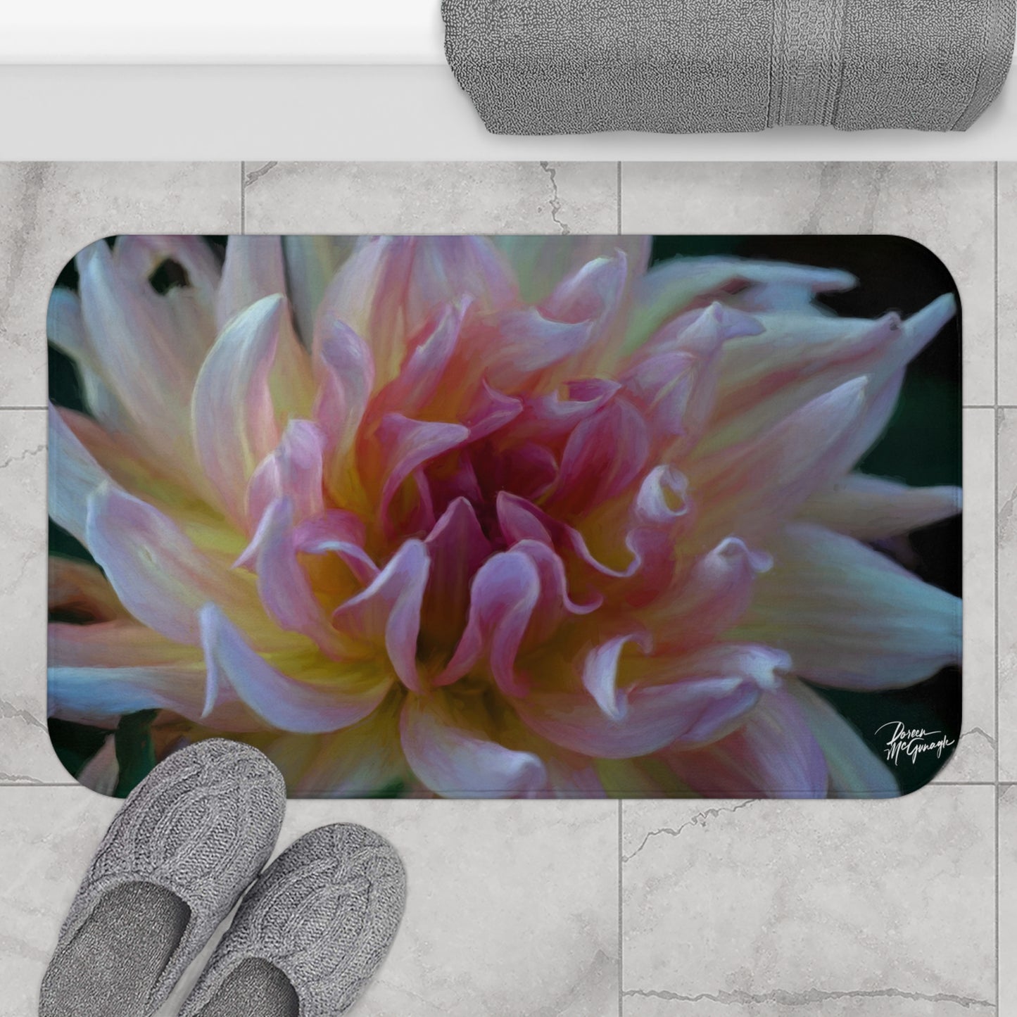 Bath Mat: Veil of Cream and Blush Dahlias – Nature-Inspired Serenity