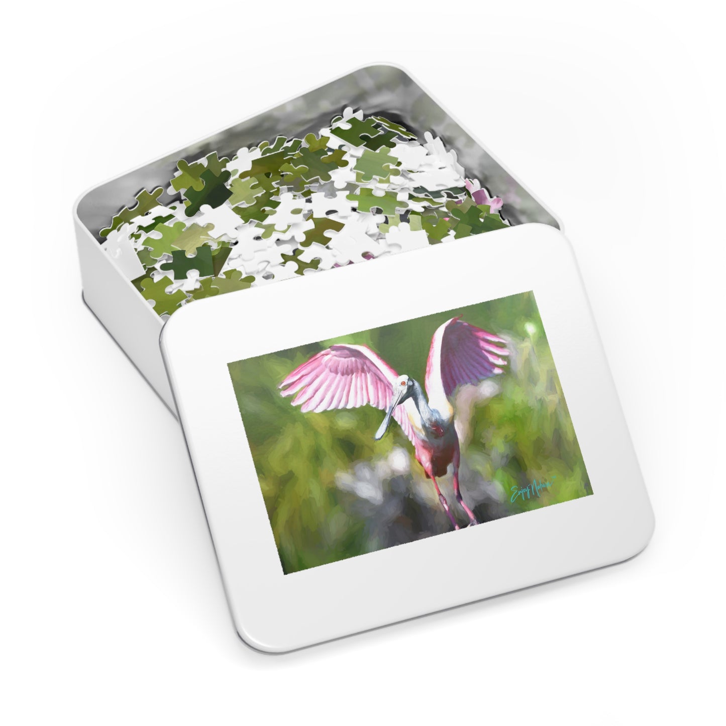 Colorful Roseate Spoonbill Jigsaw Puzzle with Tin - Perfect for Bird Lovers and Family Fun