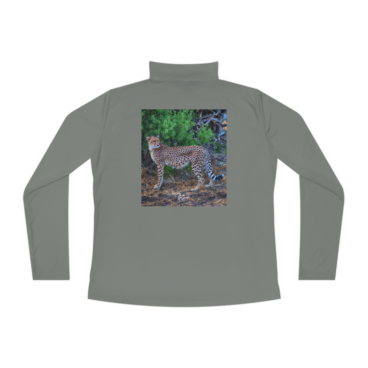 Ladies Quarter-Zip Pullover with Fine Art Image of Cheetah Stand by Enjoy Nature