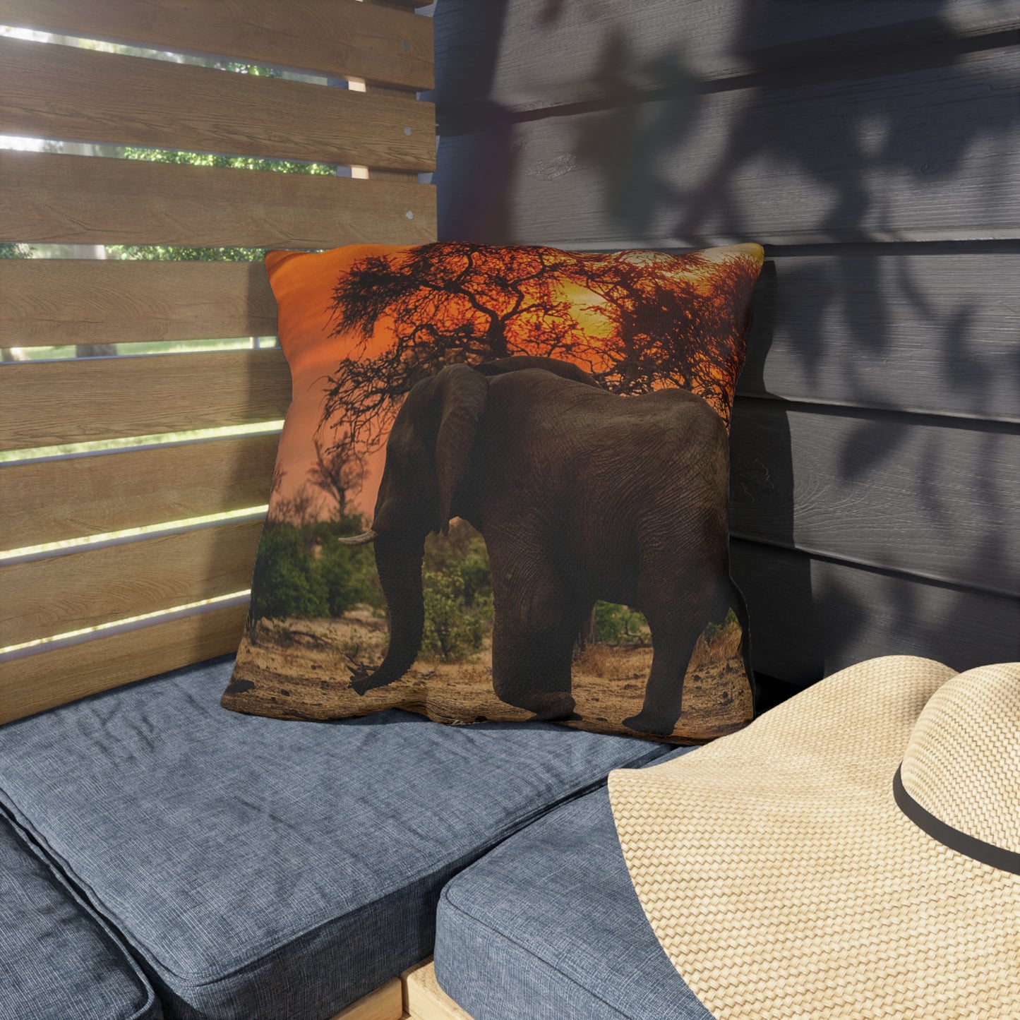 Enjoy Nature Outdoor Pillow with Spirited Elephant at Sunset – Artistic, Comfy, and Durable Decorative Accent
