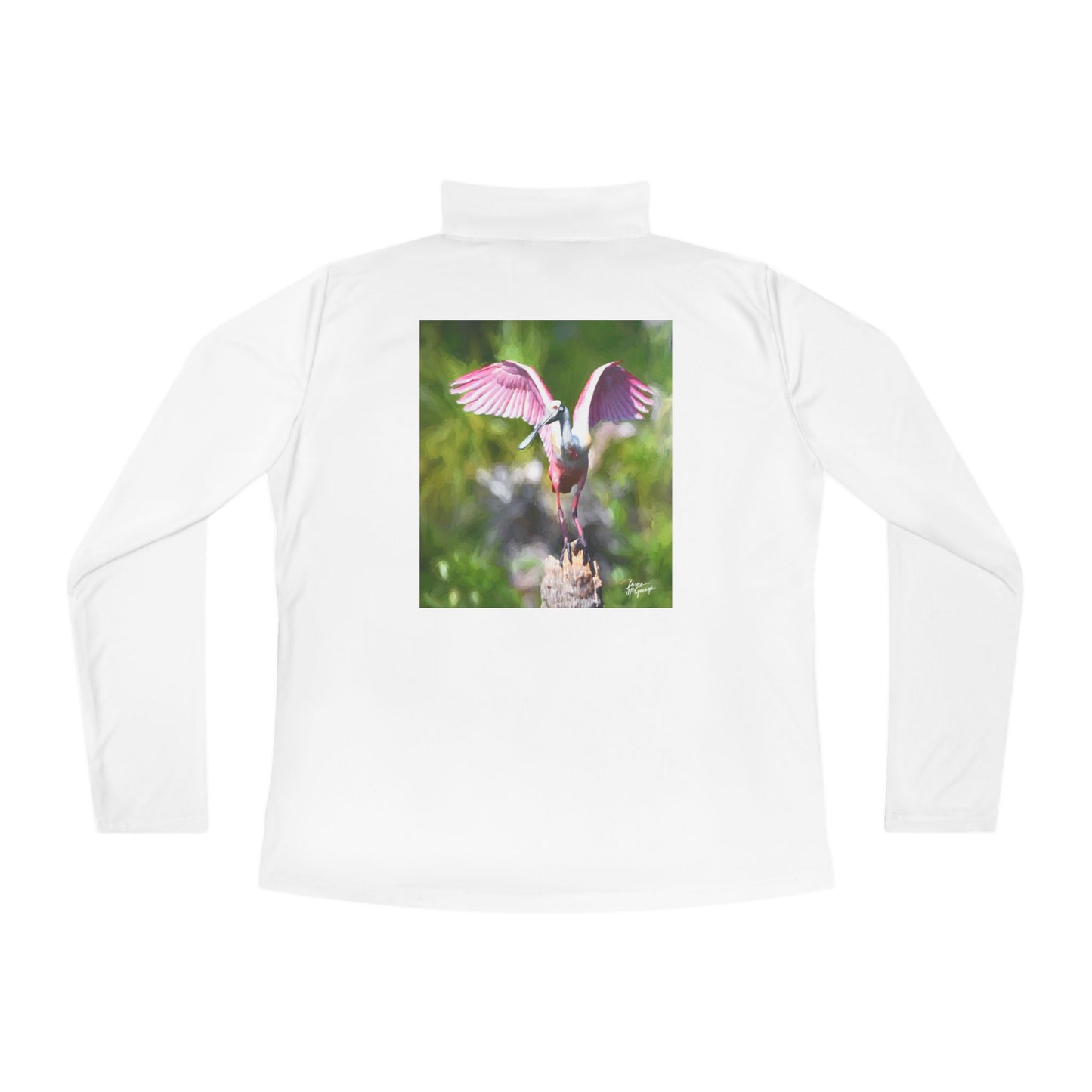 Ladies Quarter-Zip Pullover – Roseate Spoonbill with Open Wings | Lightweight Outdoor Layer | Enjoy Nature Collection