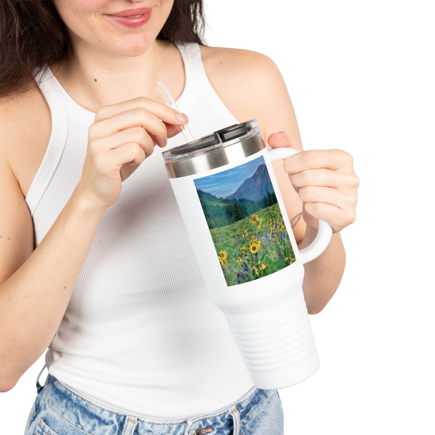 Yellow Daisies & Mountains 40oz Insulated Travel Mug with Handle | Nature Inspired Stainless Steel Drinkware | Enjoy Nature Collection