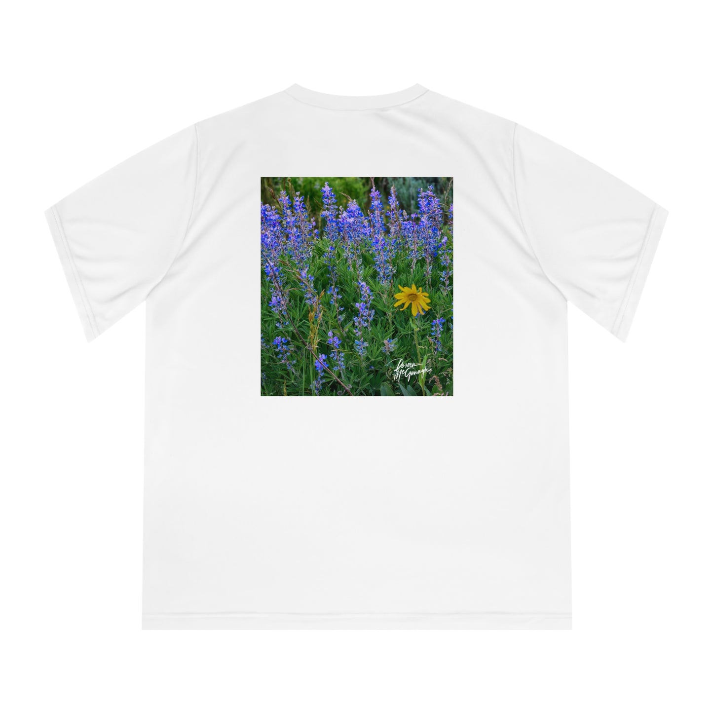 Wild Lupines with Solo Yellow Daisy Women’s Performance V-Neck T-Shirt | Nature Inspired Activewear | Enjoy Nature Collection