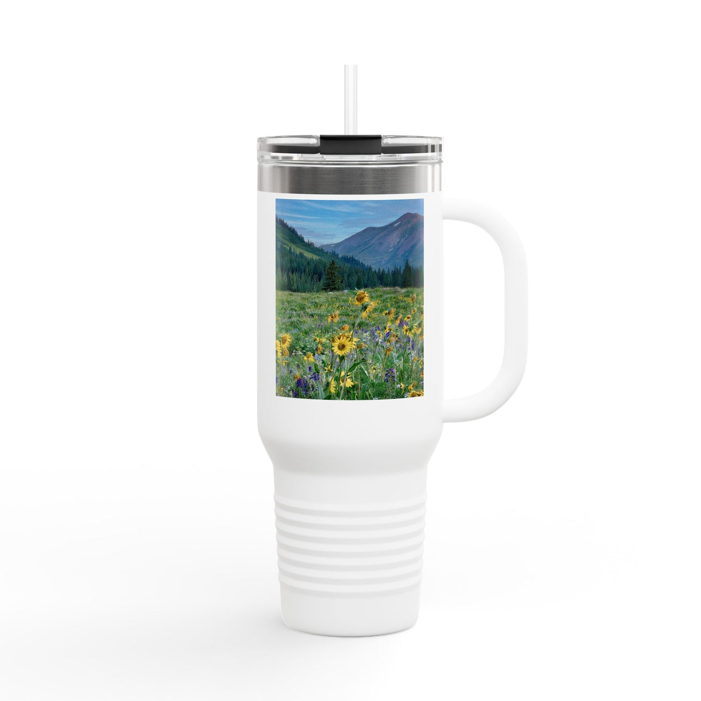 Yellow Daisies & Mountains 40oz Insulated Travel Mug with Handle | Nature Inspired Stainless Steel Drinkware | Enjoy Nature Collection