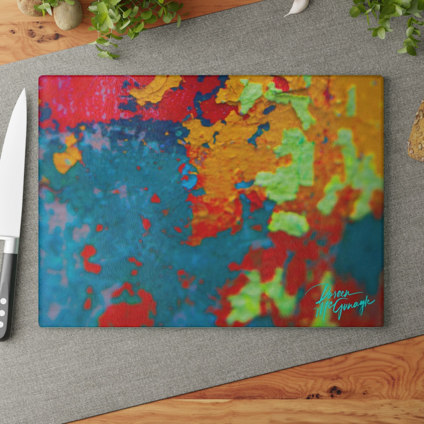 Artistic Life and Soul Abstract Glass Cutting Board with Nature-Inspired Design