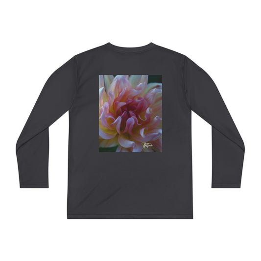 Youth Long Sleeve Active Tee – Veil of Cream and Blush Dahlia Design