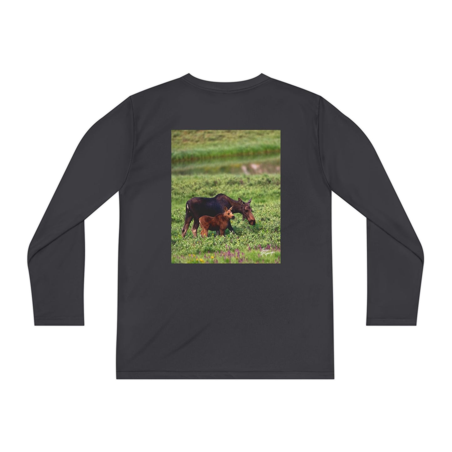 Moose with Baby Youth Long Sleeve Competitor Tee | Nature Inspired Activewear for Kids | Enjoy Nature Collectio
