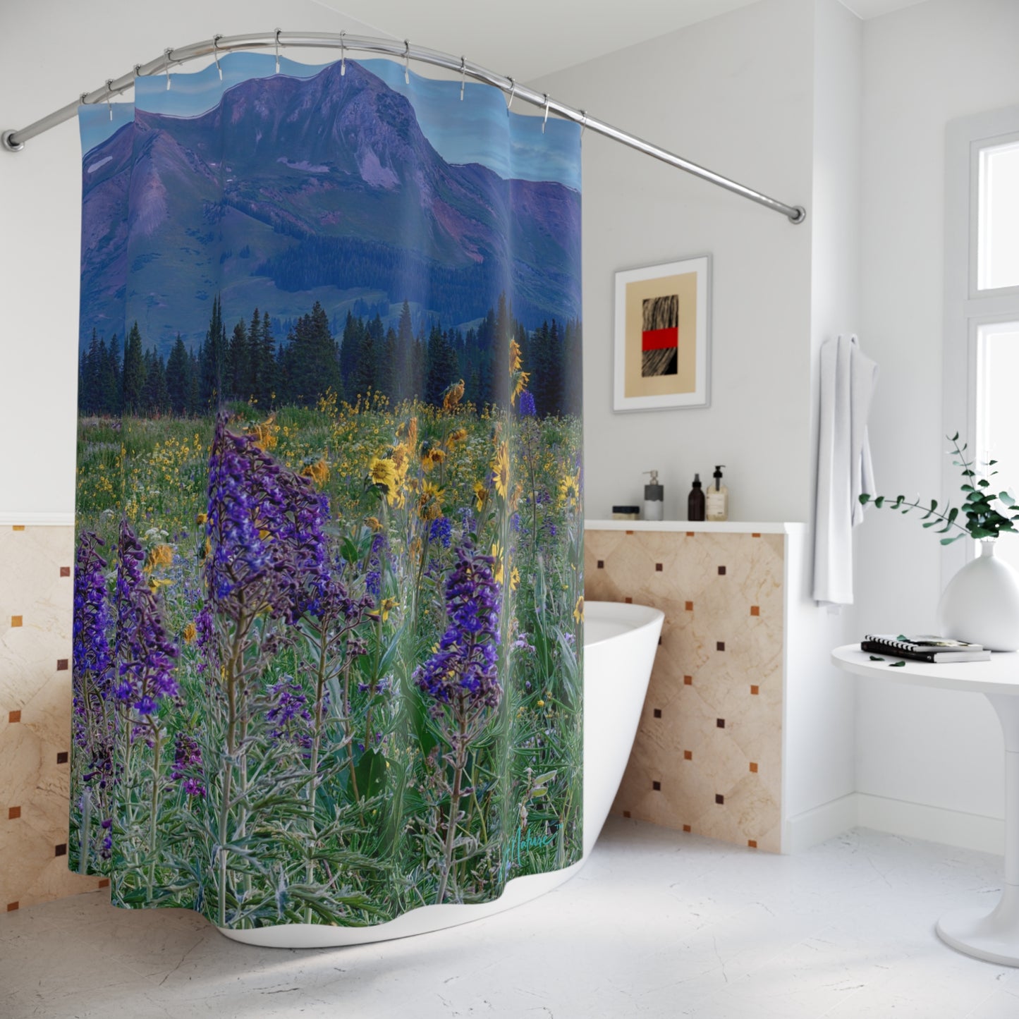 Wild Lupines, Yellow Daisies & Mountains Shower Curtain | Nature Inspired Earthy Bathroom Décor | Enjoy Nature Collection