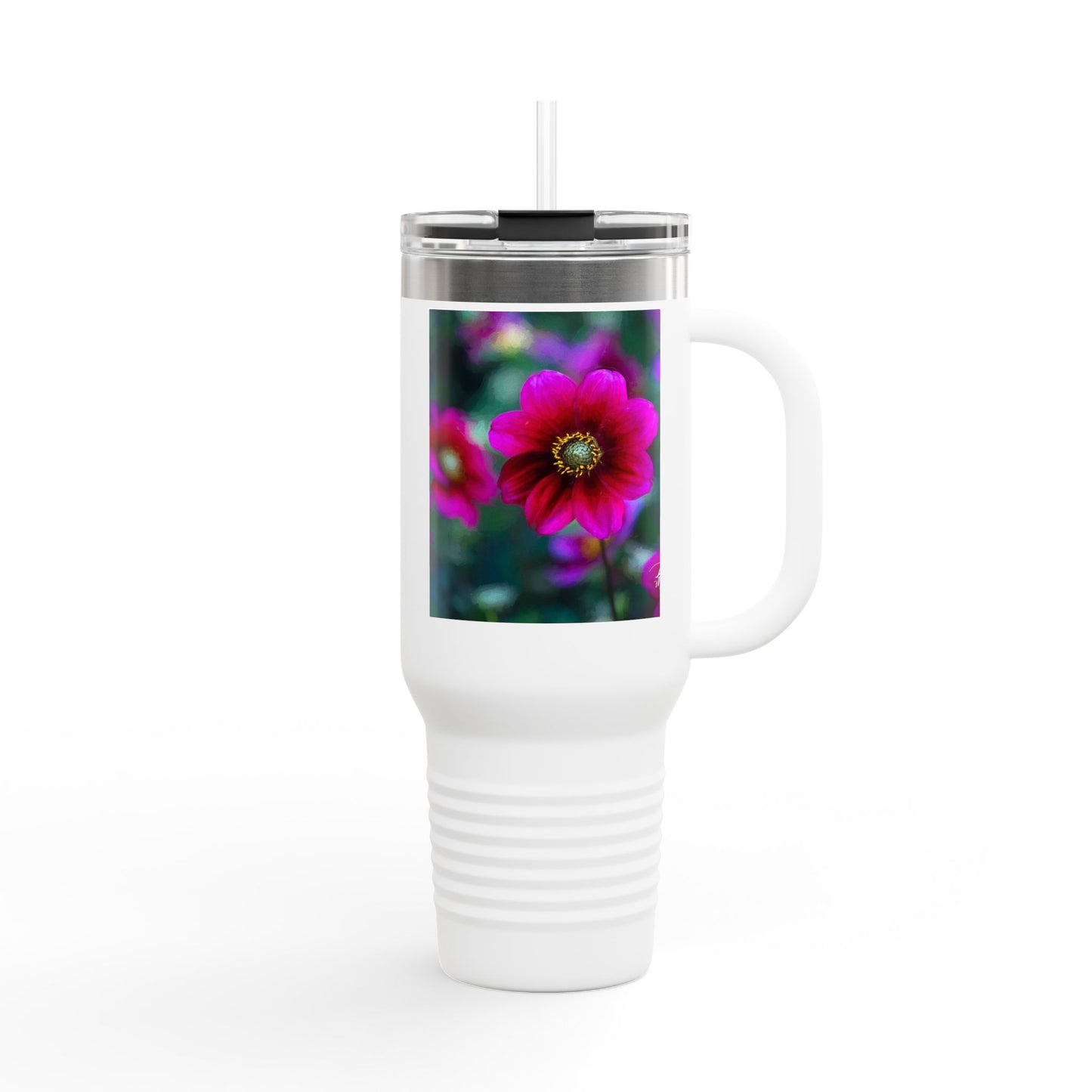 Vibrant Floral Insulated Travel Mug – 40oz Nature-Inspired Drinkware, Heart of Dahlia Dreams