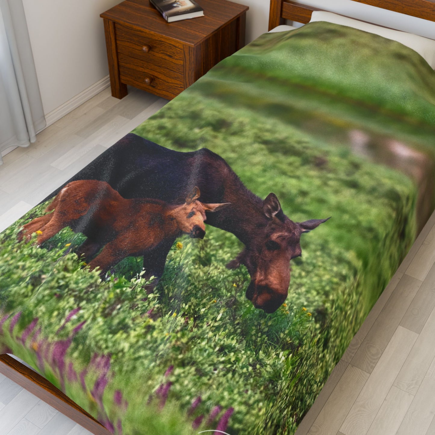 Moose Family Velveteen Plush Blanket | Cozy Wildlife Blanket for Nature Lovers | Perfect for Home Decor or Gift Moose with baby