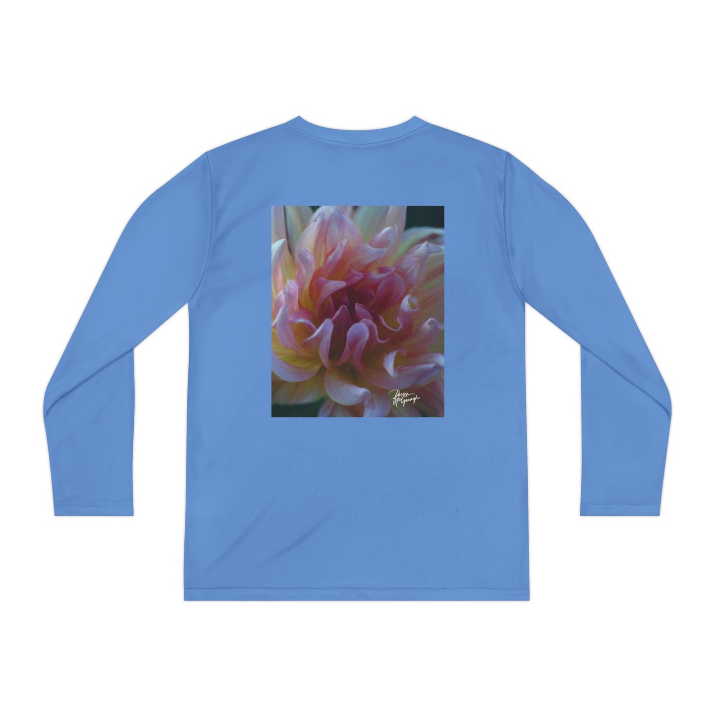 Youth Long Sleeve Active Tee – Veil of Cream and Blush Dahlia Design