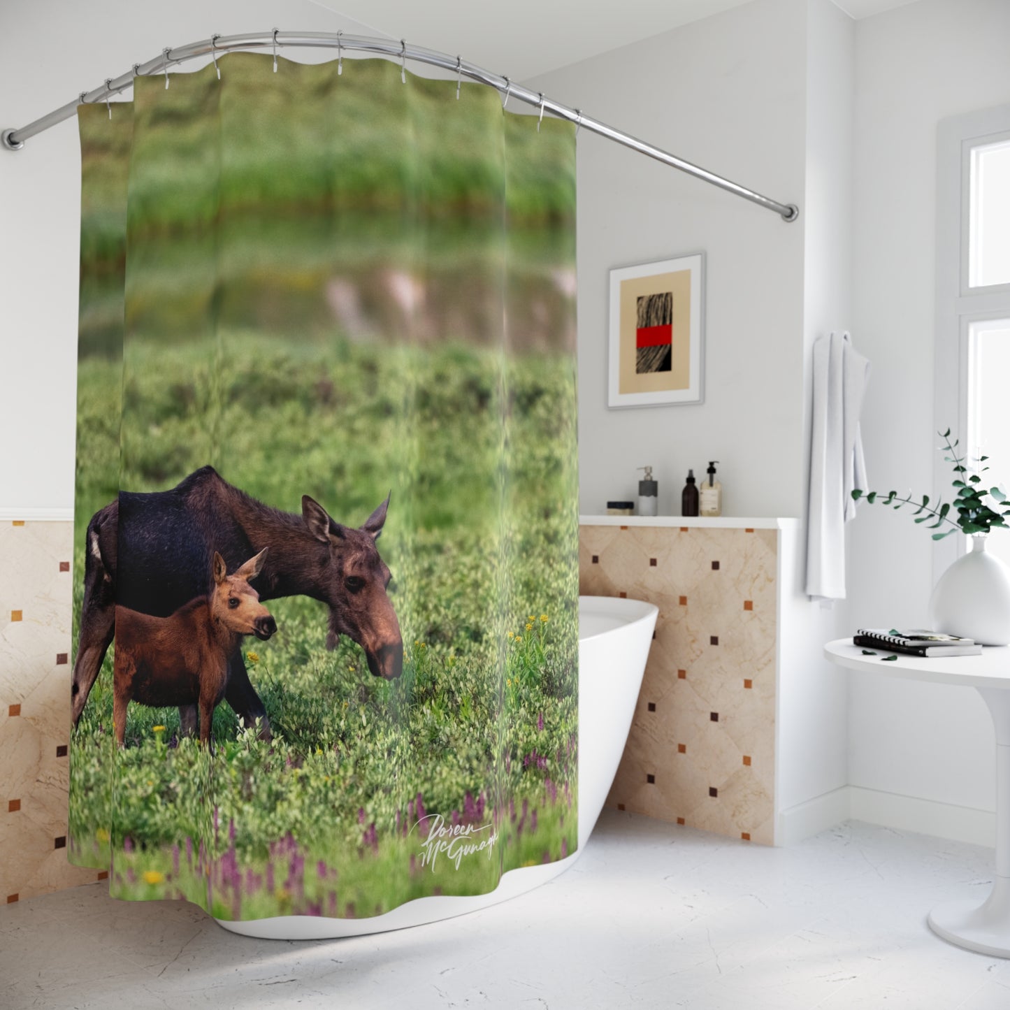 Moose with Baby Shower Curtain | Nature Inspired Earthy Bathroom Décor | Enjoy Nature Collection