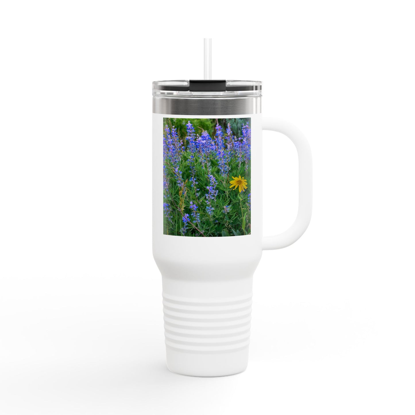 Wild Lupines 40oz Insulated Travel Mug with Handle | Nature Inspired Stainless Steel Drinkware | Enjoy Nature Collection