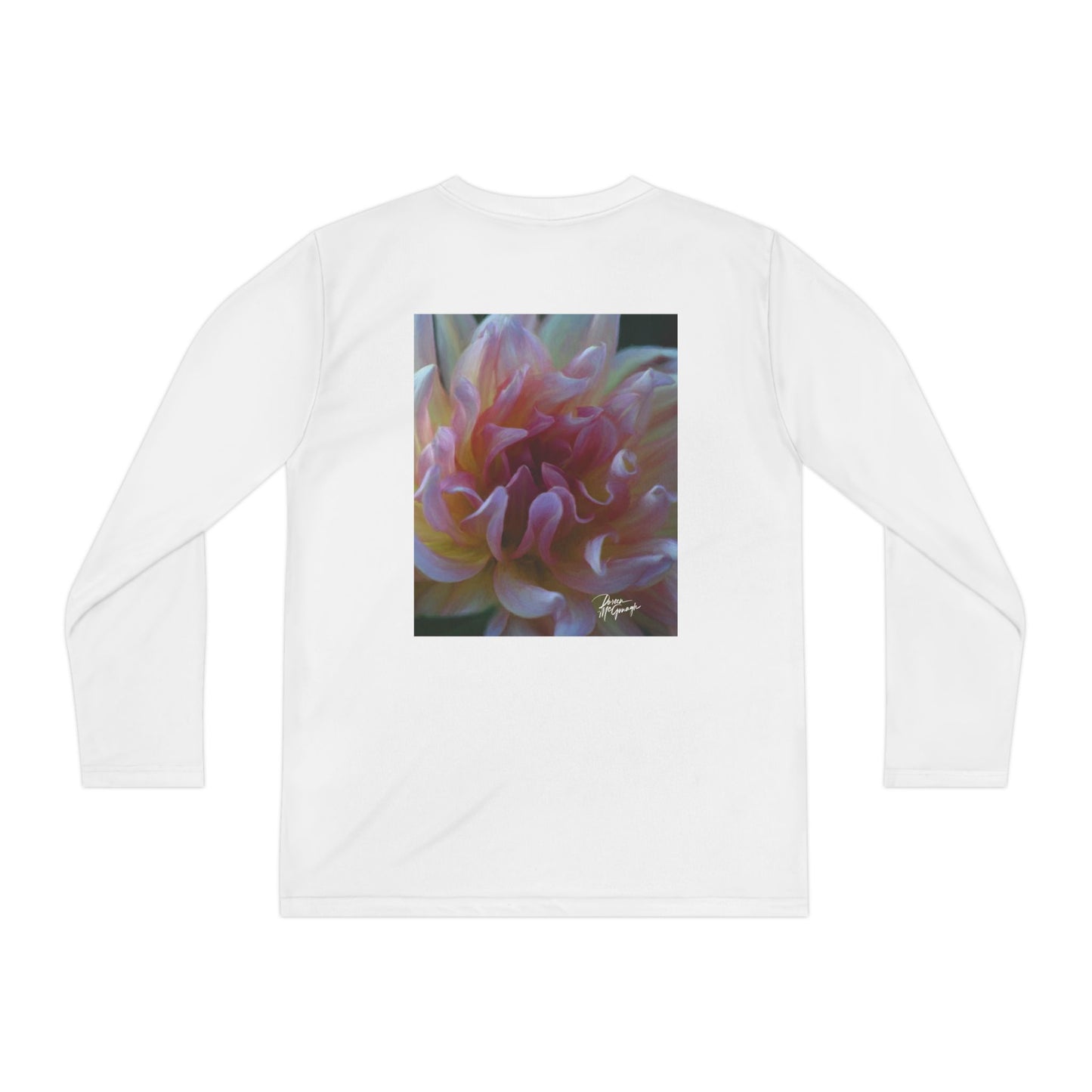 Youth Long Sleeve Active Tee – Veil of Cream and Blush Dahlia Design