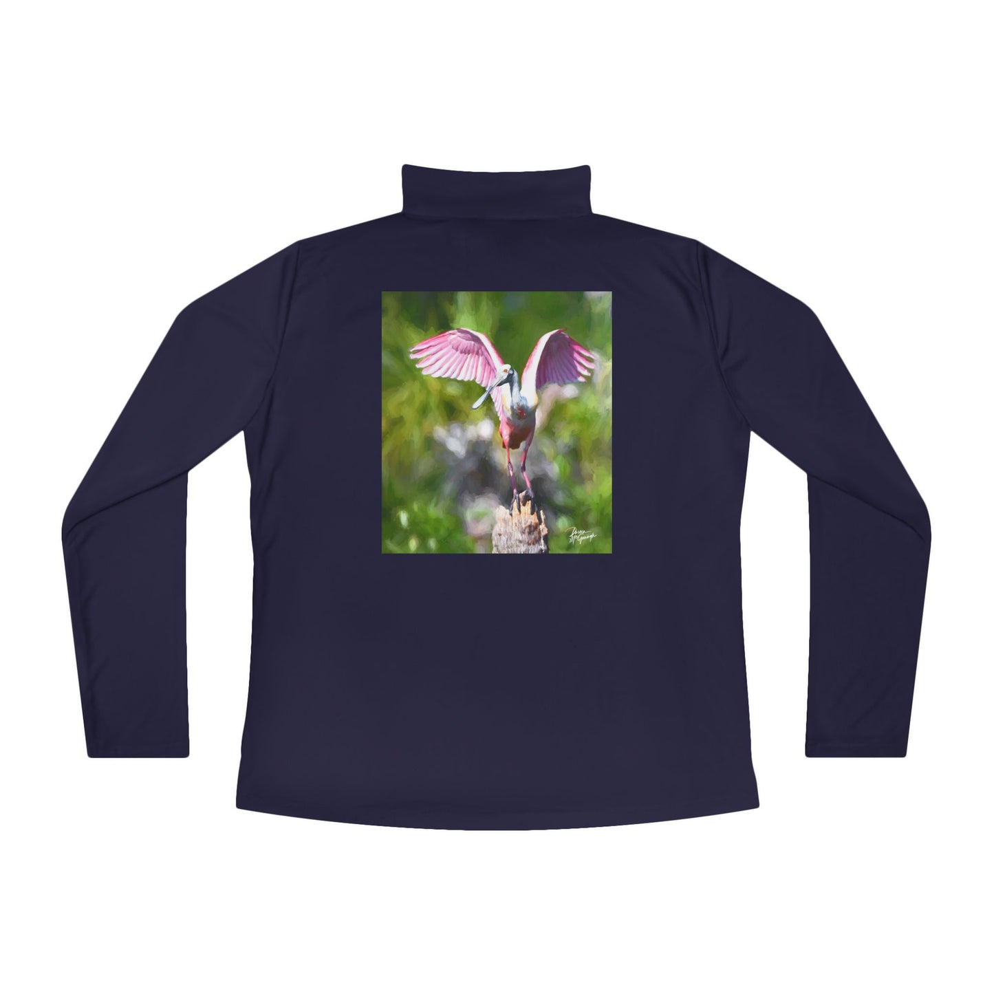 Ladies Quarter-Zip Pullover – Roseate Spoonbill with Open Wings | Lightweight Outdoor Layer | Enjoy Nature Collection