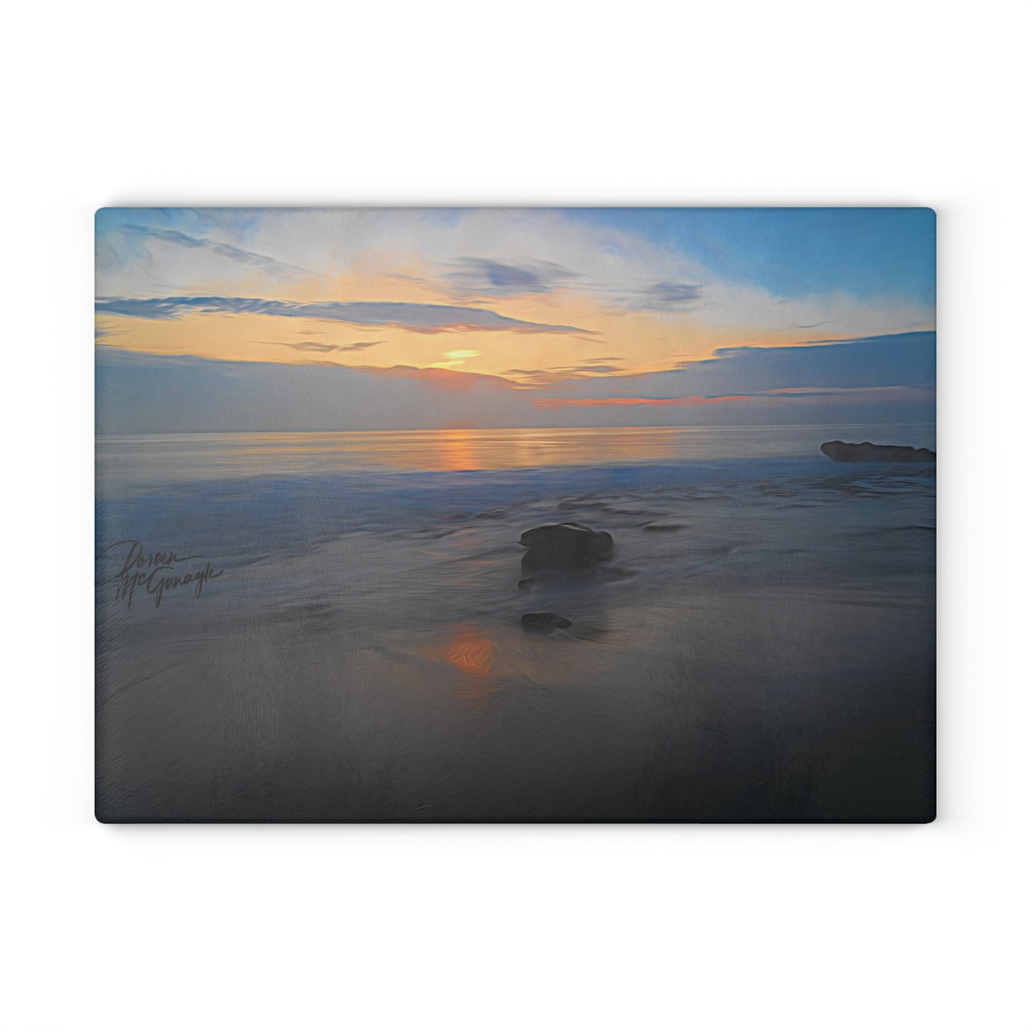 Artistic Oceanic Dawn Glass Cutting Board with Nature-Inspired Design