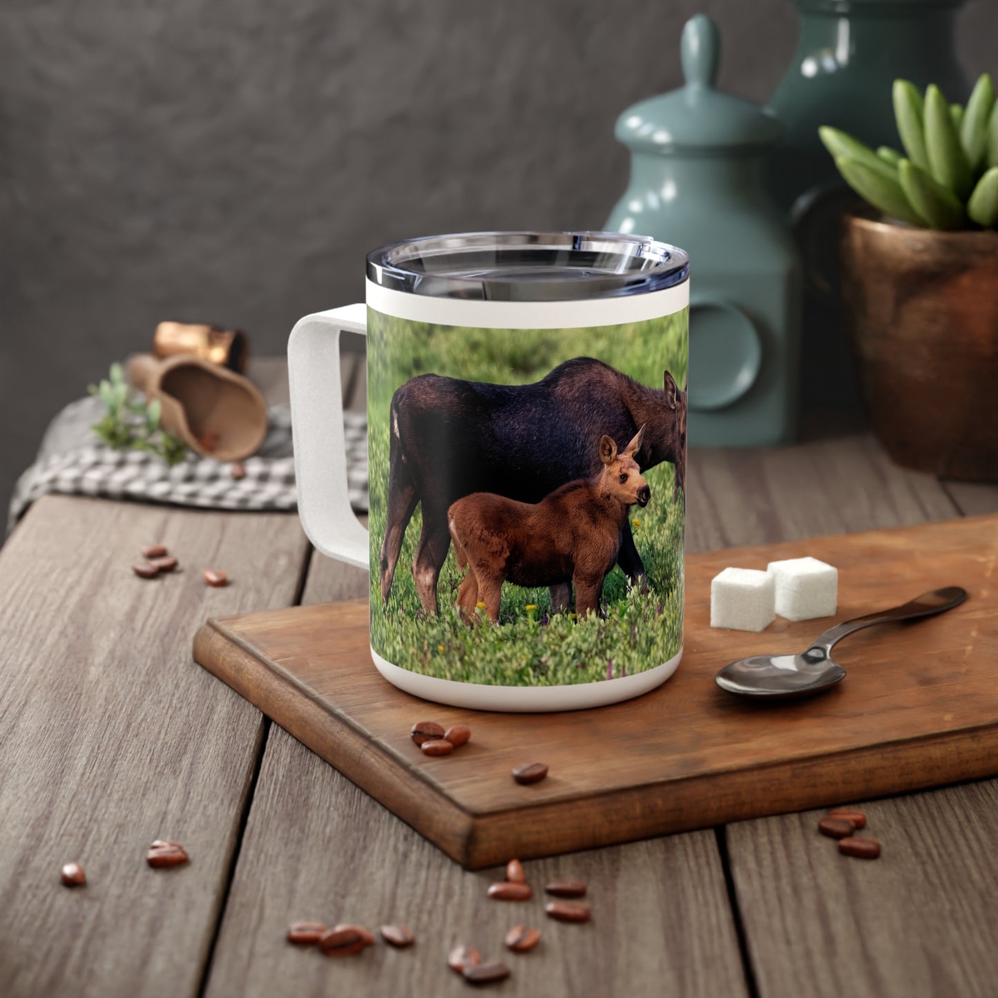 Moose with Baby 10oz Insulated Coffee & Tea Mug | Nature Inspired Stainless Steel Travel Cup | Enjoy Nature Collection