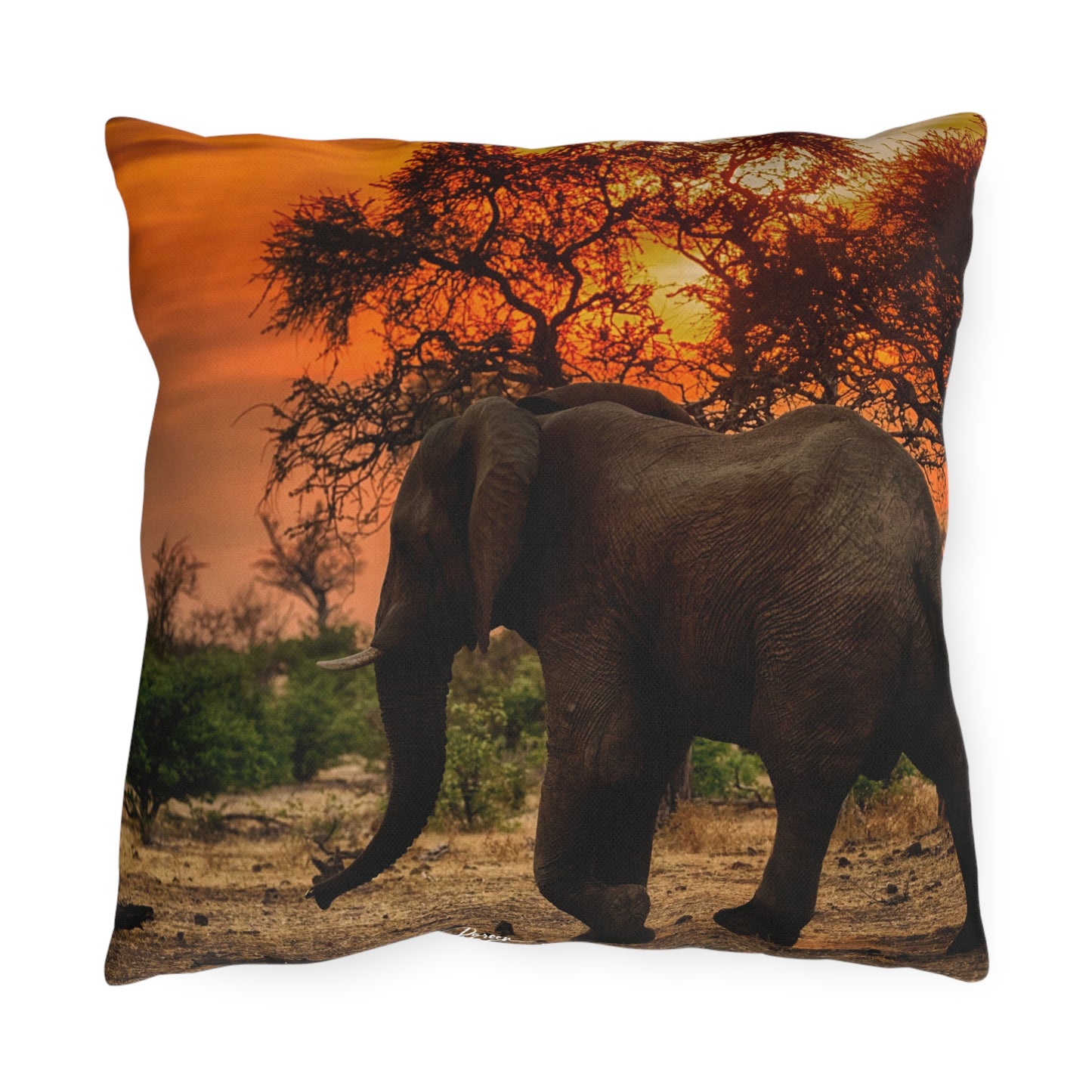 Enjoy Nature Outdoor Pillow with Spirited Elephant at Sunset – Artistic, Comfy, and Durable Decorative Accent