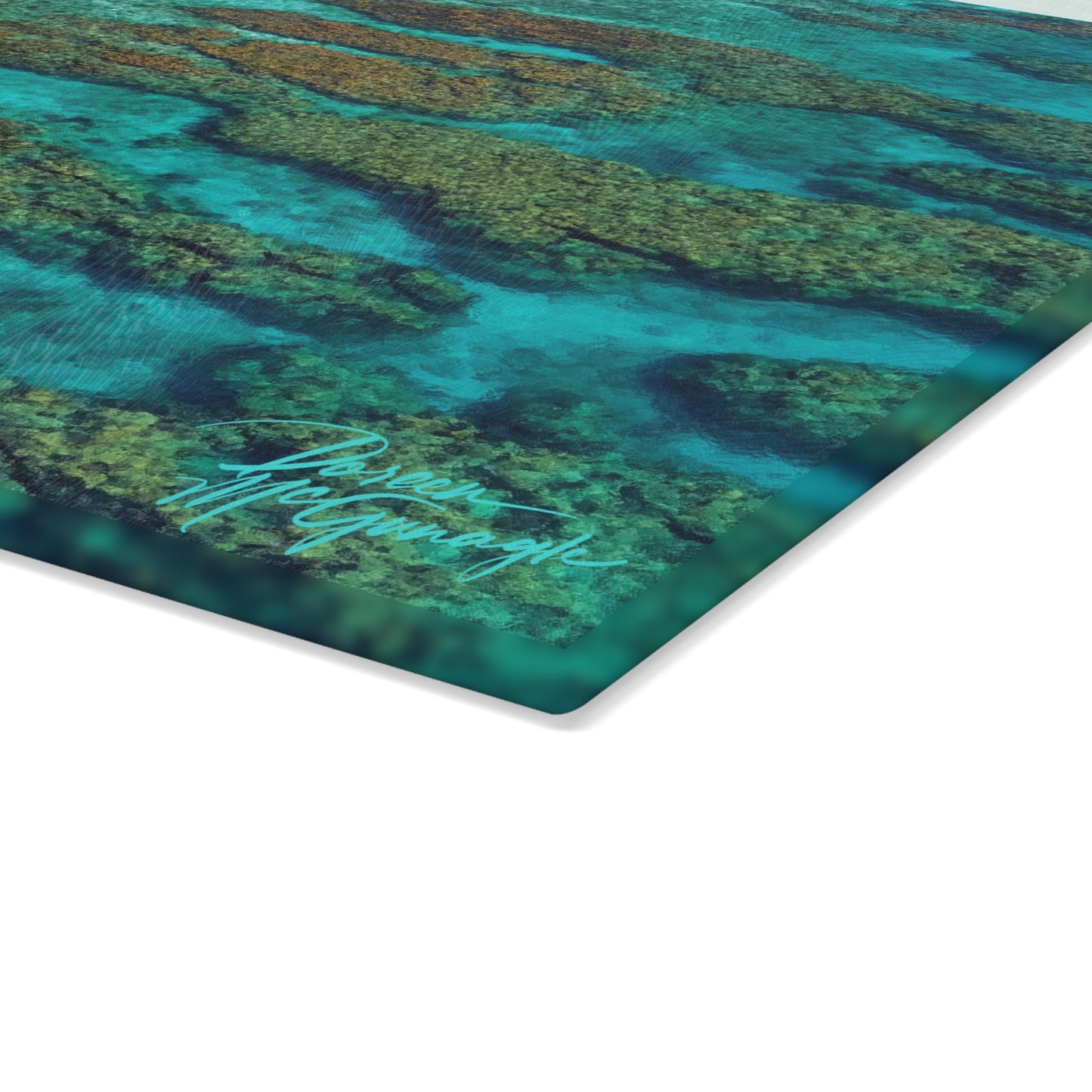 Turquoise Coral Reef Ocean Art Glass Cutting Board – Coastal Kitchen Countertop Board | Enjoy Nature | Spirited Design Studio