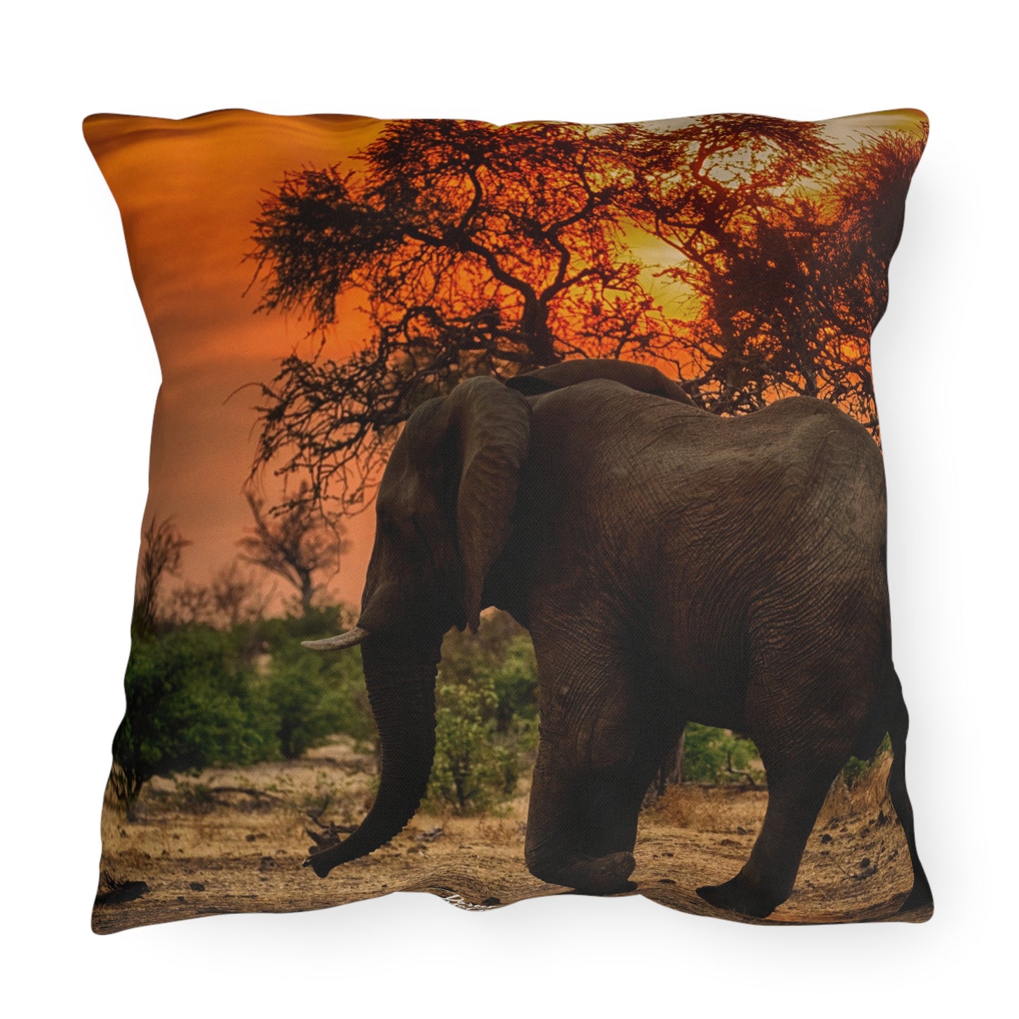 Enjoy Nature Outdoor Pillow with Spirited Elephant at Sunset – Artistic, Comfy, and Durable Decorative Accent