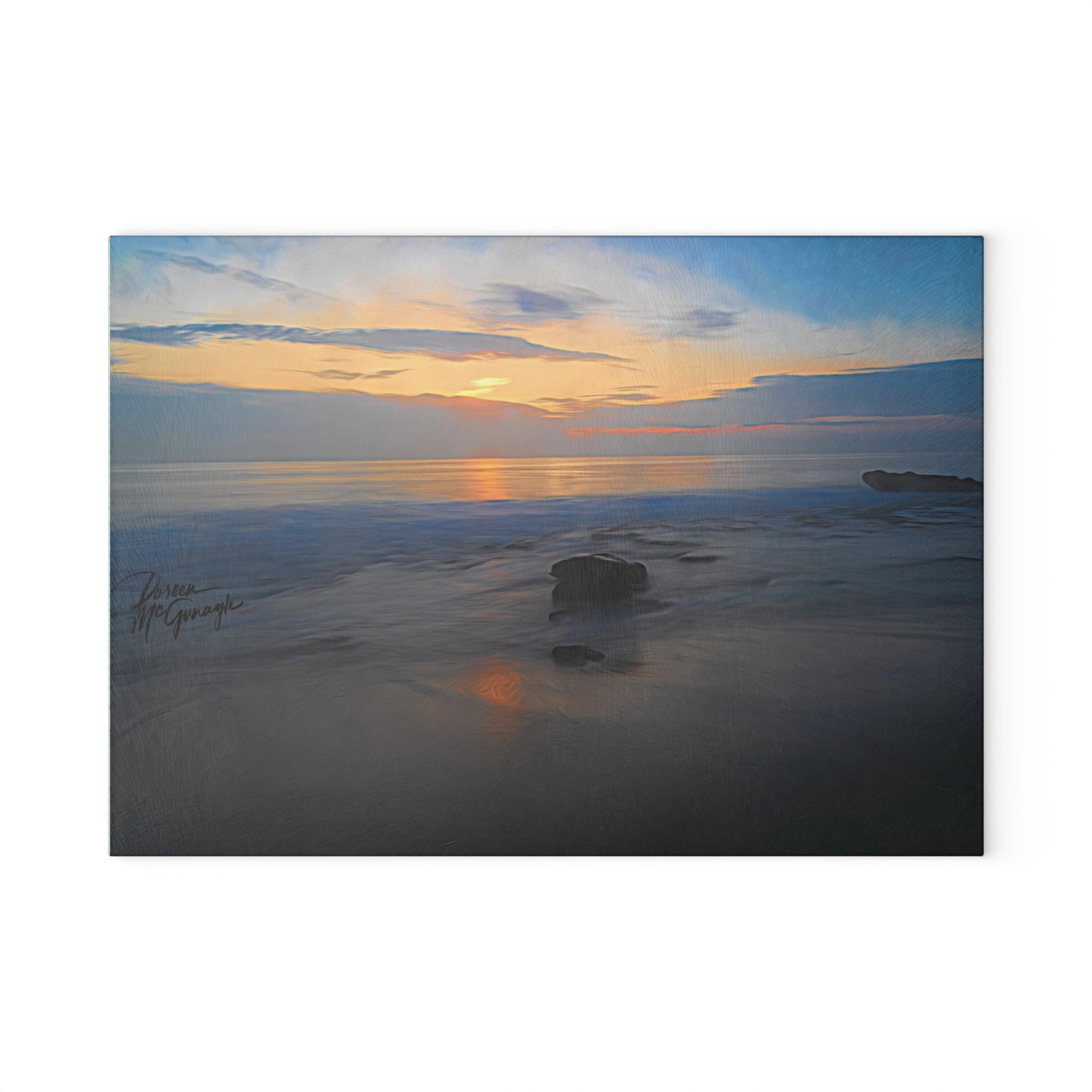 Artistic Oceanic Dawn Glass Cutting Board with Nature-Inspired Design