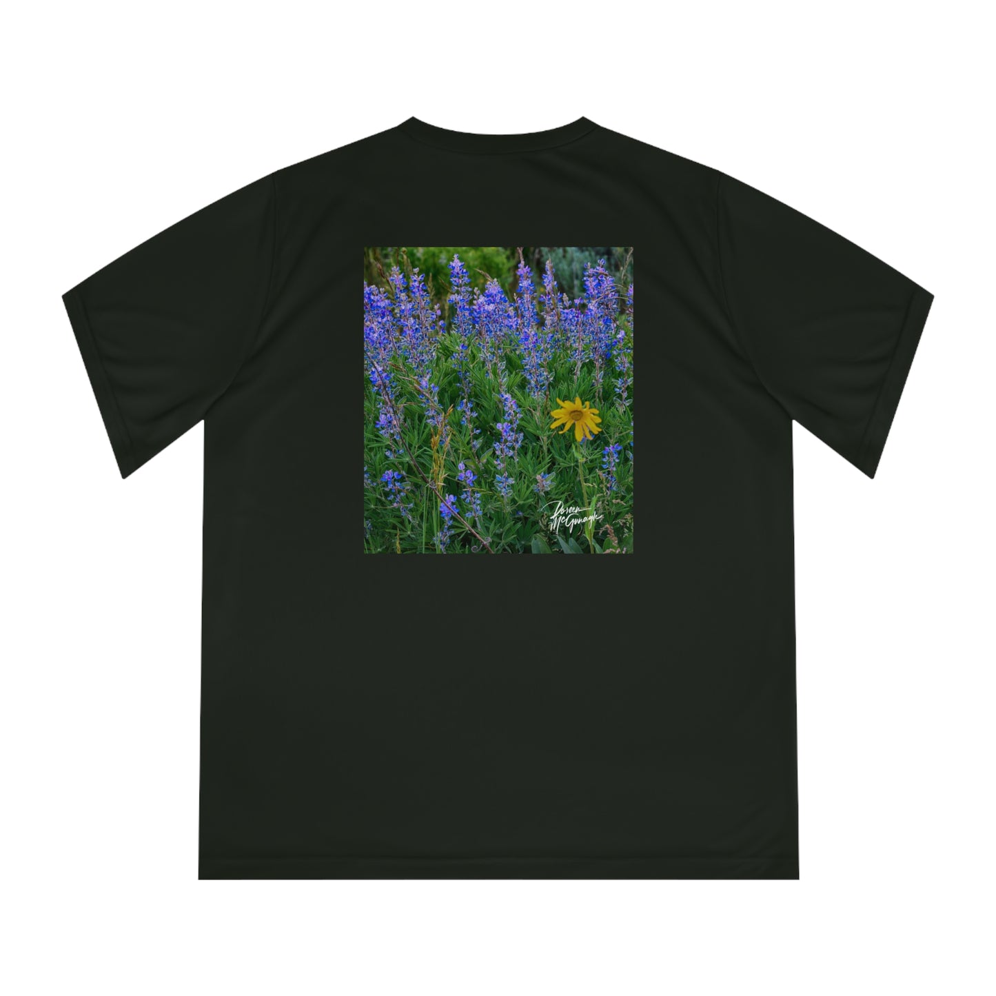Wild Lupines with Solo Yellow Daisy Women’s Performance V-Neck T-Shirt | Nature Inspired Activewear | Enjoy Nature Collection