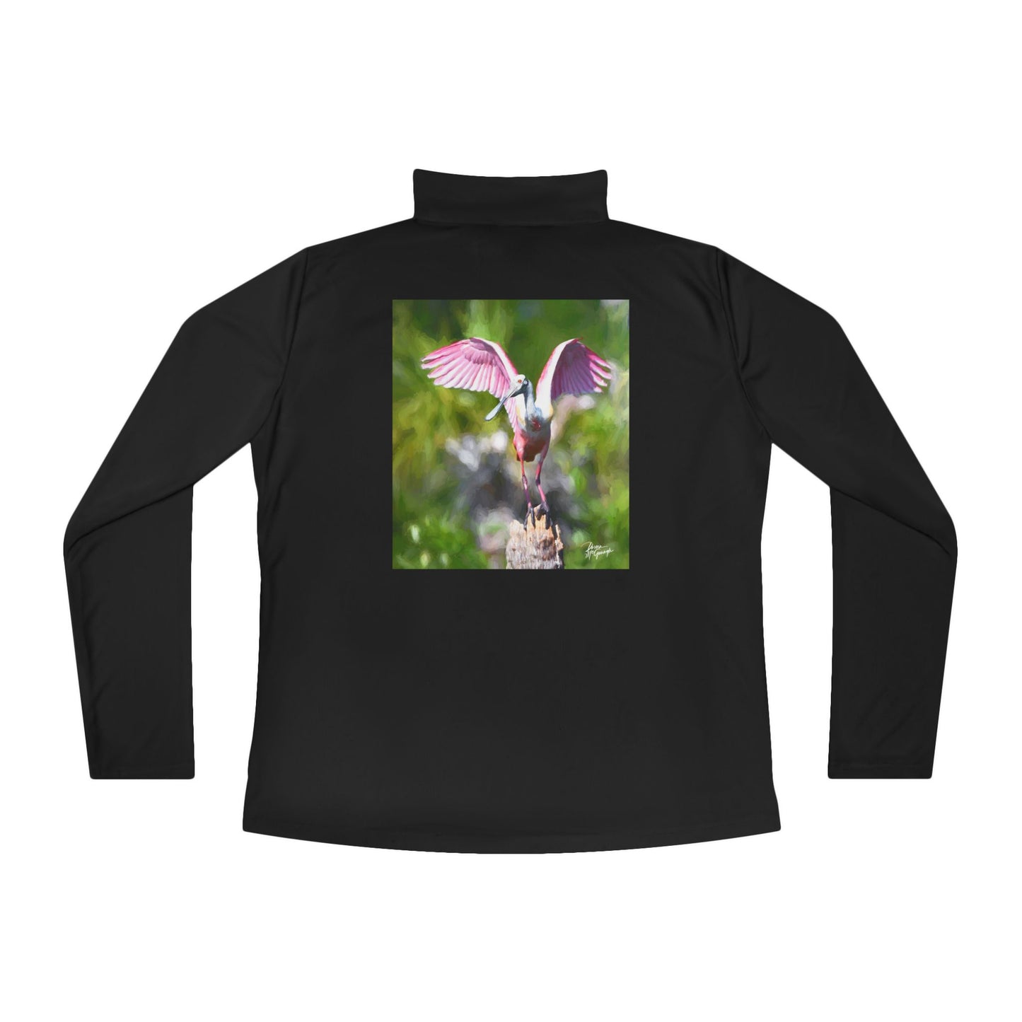 Ladies Quarter-Zip Pullover – Roseate Spoonbill with Open Wings | Lightweight Outdoor Layer | Enjoy Nature Collection