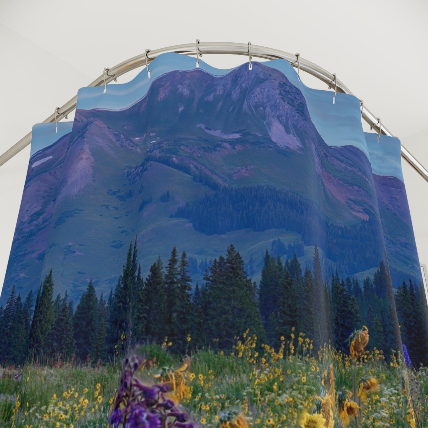 Wild Lupines, Yellow Daisies & Mountains Shower Curtain | Nature Inspired Earthy Bathroom Décor | Enjoy Nature Collection