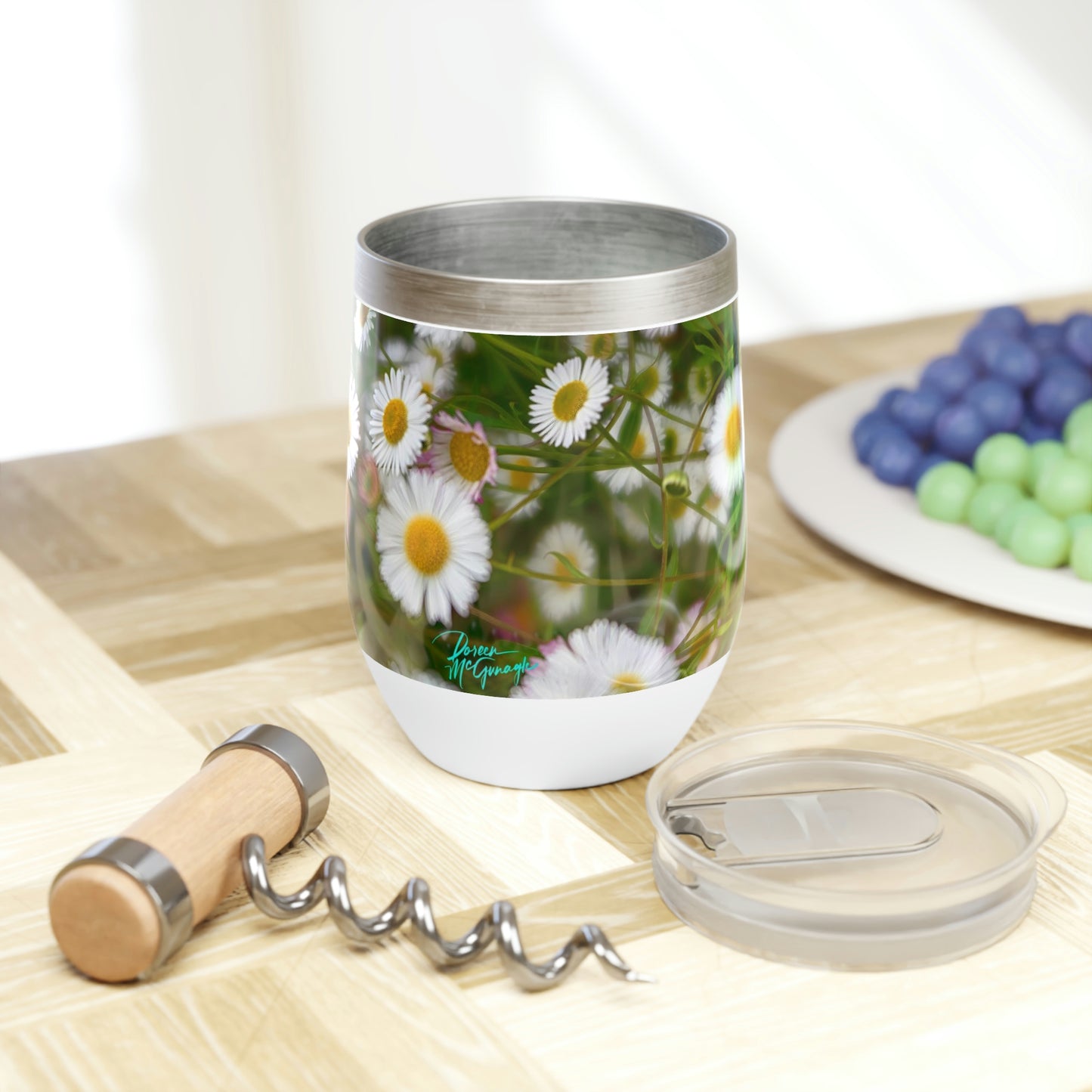 Eco friendly, Wild Daisies,12 oz insulated wine tumbler with lid