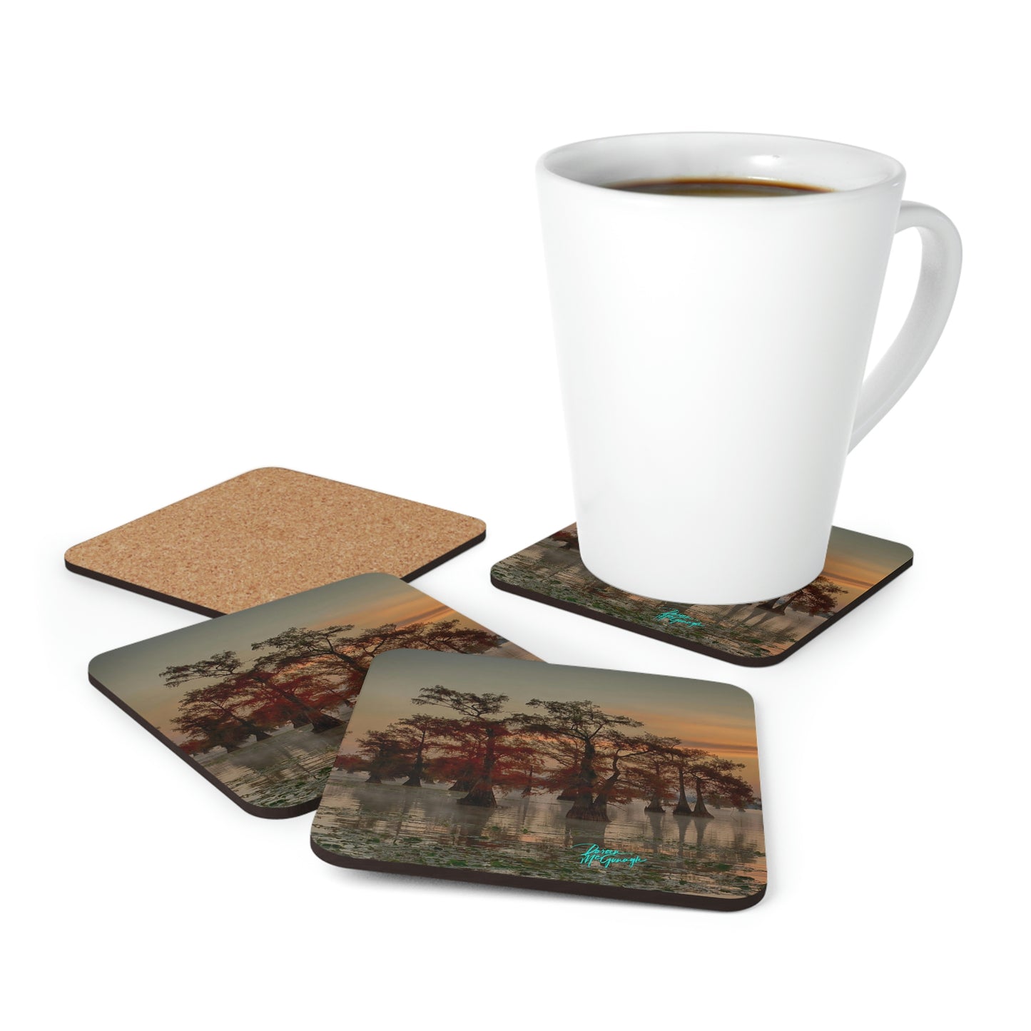 Sunrise on Caddo Lake Cork Coaster Set