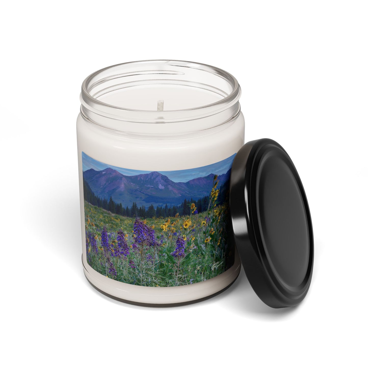 Relaxing Mountain Breeze Scented Soy Candle | Aromatherapy Candle with Mountains & Wild Lupine Flowers | Nature-Inspired Gift & Home Fragrance