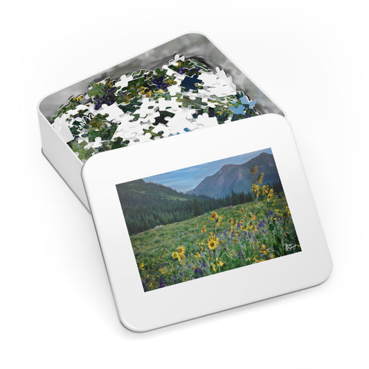 Scenic Jigsaw Puzzle with Tin - Nature Lovers Gift, Home Decor, Family Game Night, Educational Activity, Puzzle Enthusiast Mountains & flowers