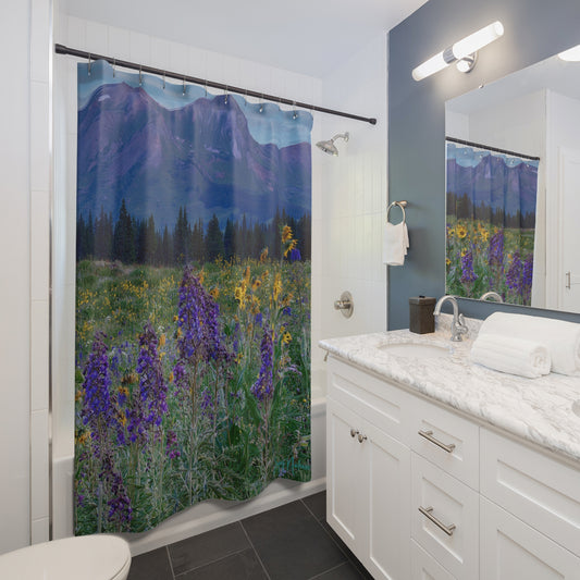 Wild Lupines, Yellow Daisies & Mountains Shower Curtain | Nature Inspired Earthy Bathroom Décor | Enjoy Nature Collection