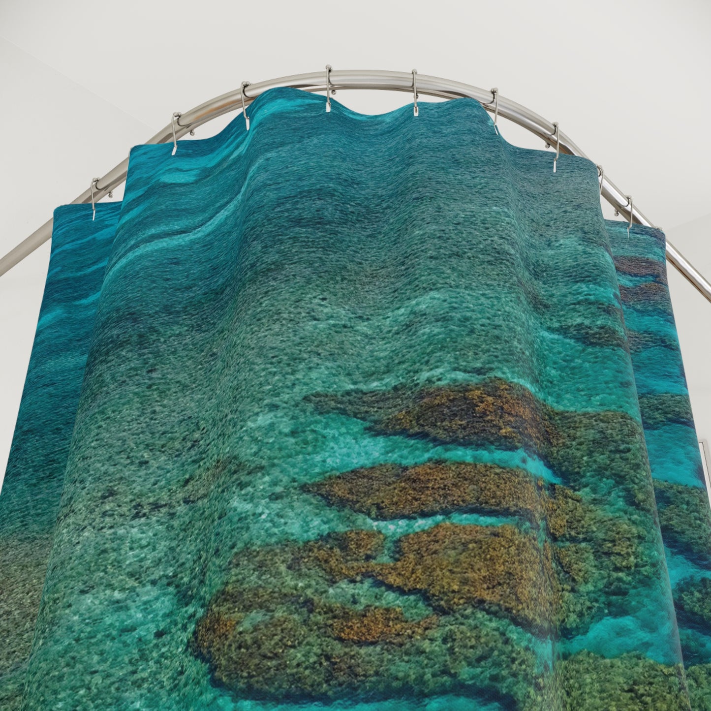 Tropical Reef Shower Curtain — Aerial Ocean Coral Print Bathroom Décor Enjoy Nature | Spirited Design Studio