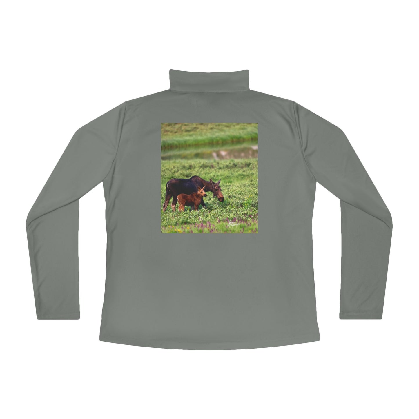 Mother Moose with Baby Ladies Quarter-Zip Pullover | Nature Inspired Activewear | Enjoy Nature Collection