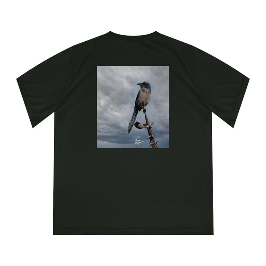 Enjoy Nature™ V-Neck Tee — Scenic Bird Fine Art Photography Performance Shirt | Scrub Jay