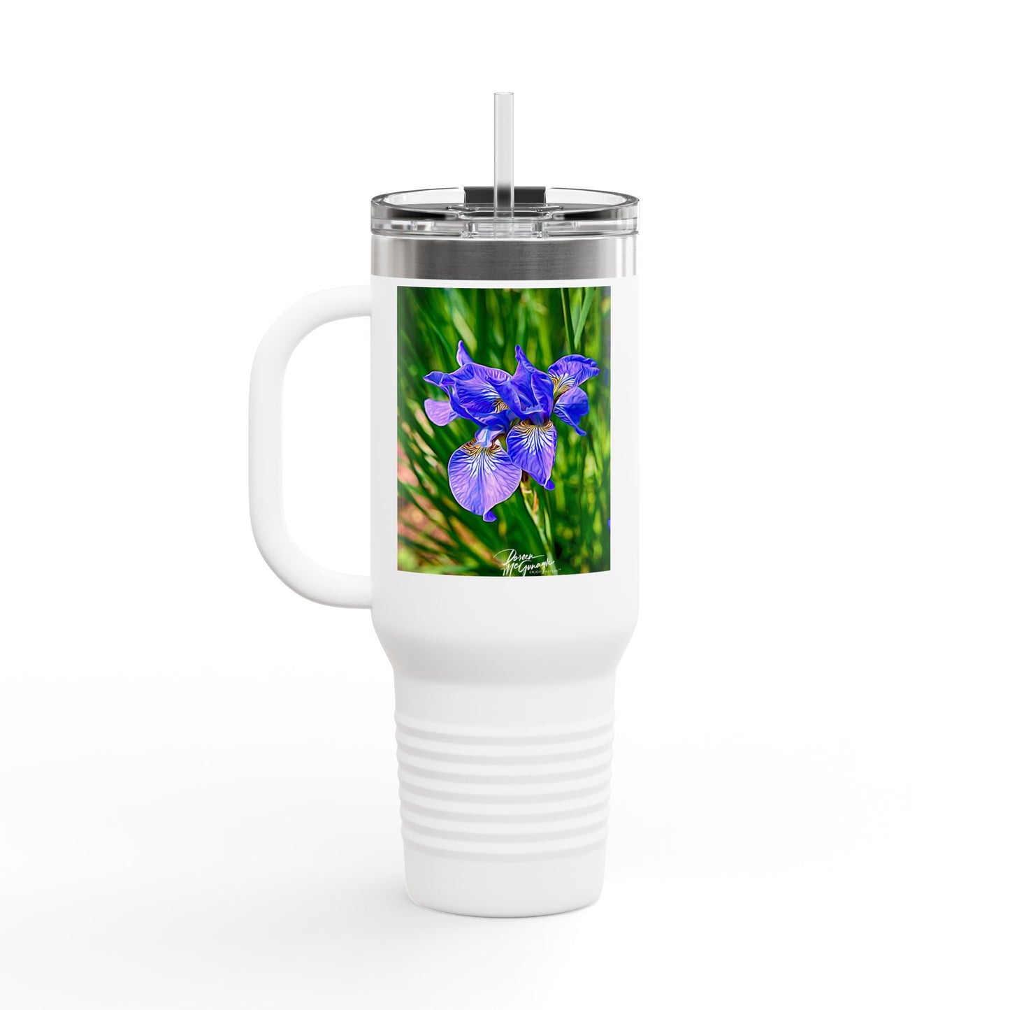 Blue Iris Floral Insulated Travel Mug – 40oz Stainless Steel Nature-Inspired Drinkware