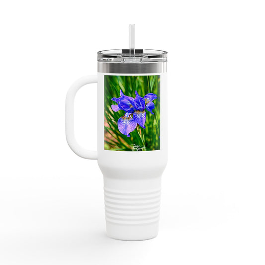 Blue Iris Floral Insulated Travel Mug – 40oz Stainless Steel Nature-Inspired Drinkware