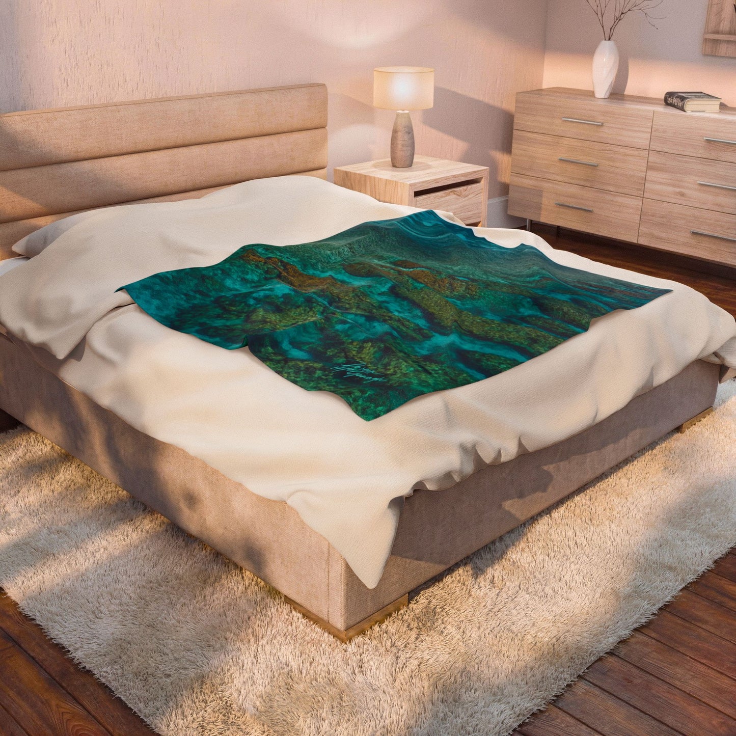 Ocean Reef Velveteen Plush Blanket — Turquoise Aerial Coral Design, Soft Beach Throw for Home & Travel Enjoy Nature | Spirited Design Studio