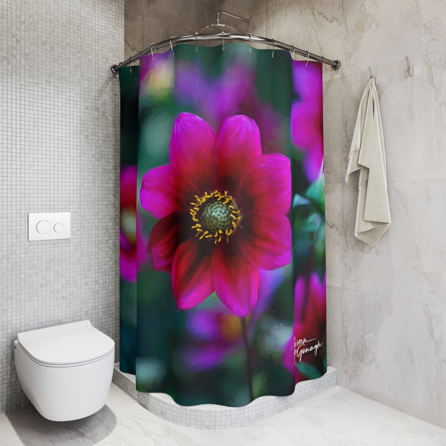 Shower Curtain: Heart of Dahlia Dreams – Nature-Inspired Floral Elegance