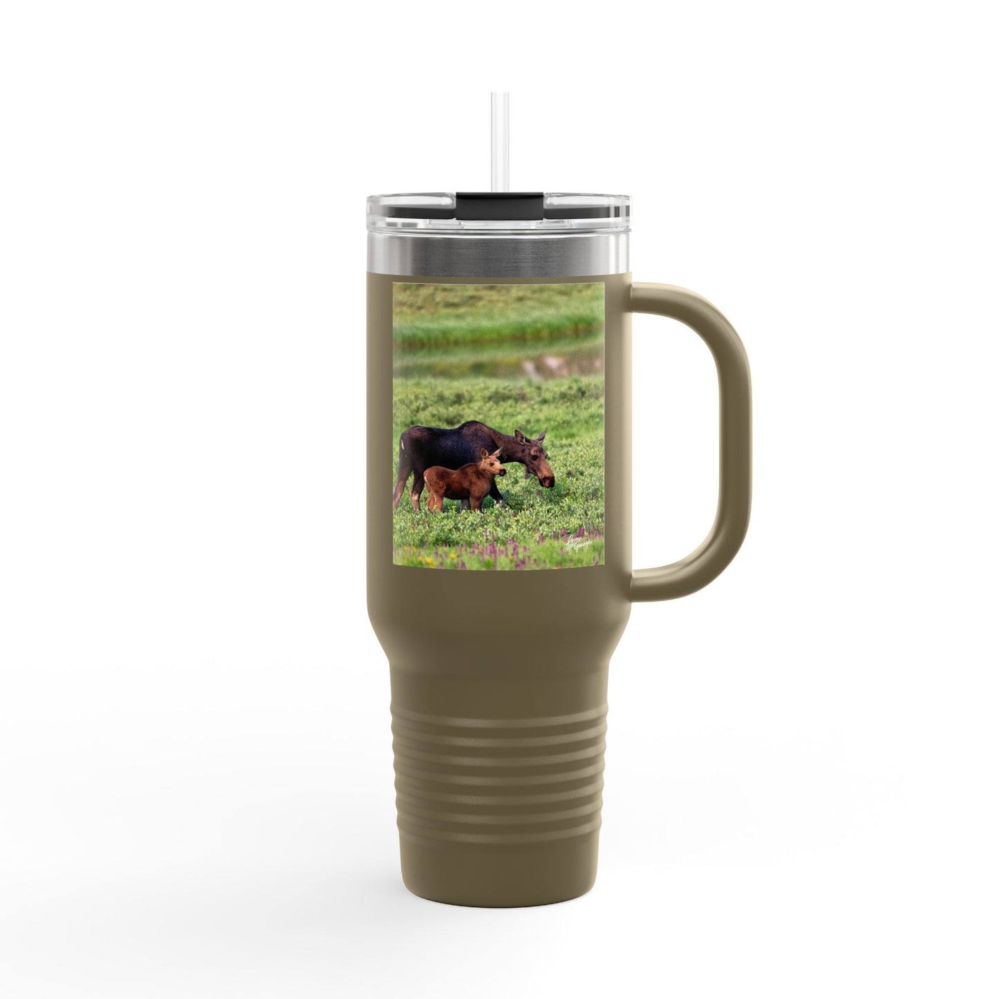 Moose with Baby 40oz Insulated Travel Mug with Handle | Nature Inspired Stainless Steel Drinkware | Enjoy Nature Collection