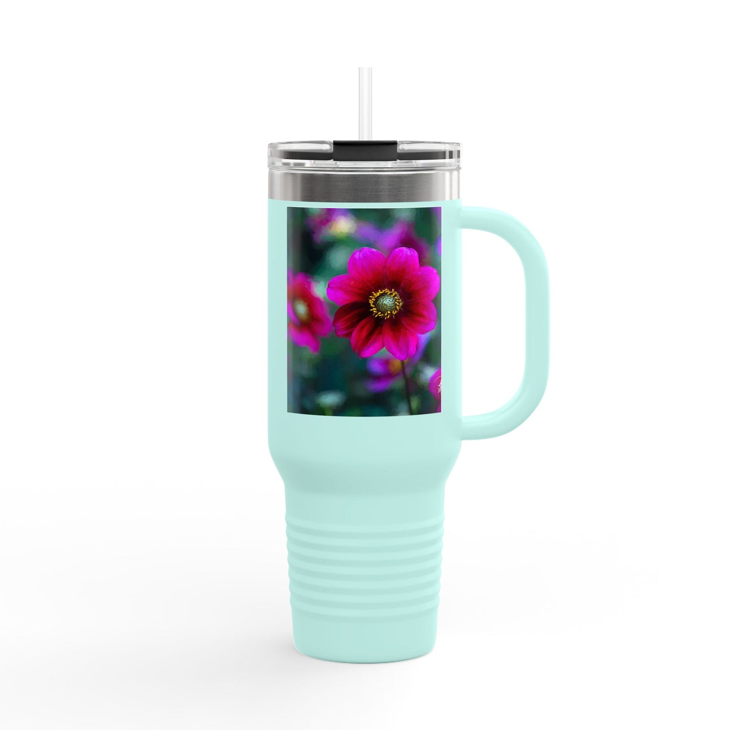 Vibrant Floral Insulated Travel Mug – 40oz Nature-Inspired Drinkware, Heart of Dahlia Dreams